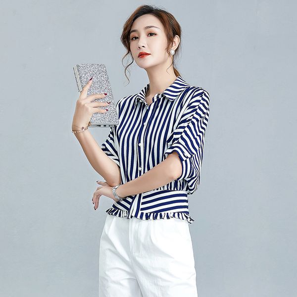 

women's lapel 5 minutes of sleeve stripe shirts single-breasted agaric bat sleeve chiffon unlined upper garment of girl, White