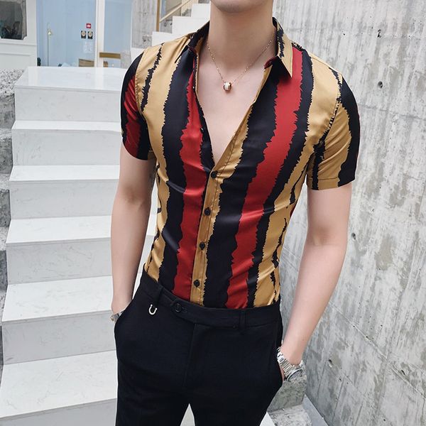 

fashion men summer shirt new slim fit shirt men short sleeve streetwear colorful stripe printed mens dress shirts, White;black