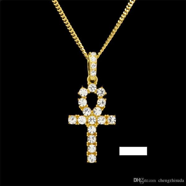 

hip hop gold silver ankh egyptian jewelry pendant bling rhinestone crystal key to life egypt cross necklace cuban chain