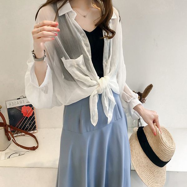 

пляжное платье блузка шарф солнцезащитный крем рубашка осень свободные фонари рукава полосатая рубашка женский шифоновый кардиган белый серы, Blue;gray