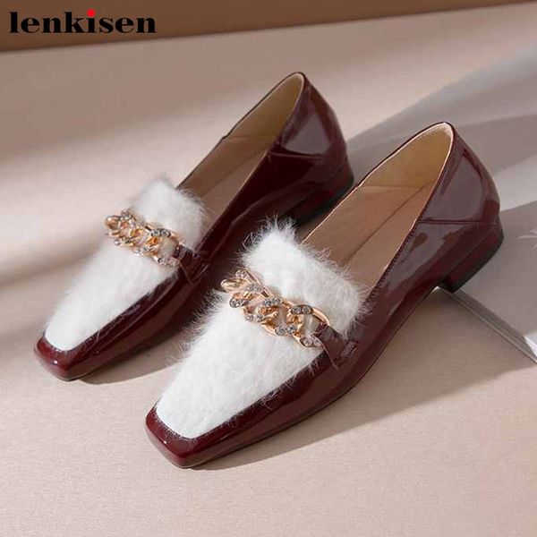 

lenkisen elegant princess style crystal buckle ladies shoes genuine leather square toe low heels slip on fashion women pumps l00, Black