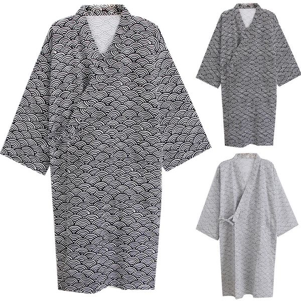 

men fashion printing kimono robe sleepwear nightgown loose mid length bathrobe comfortable for rest leisure home clothing, Black;brown