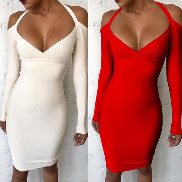 

2019 new style fashion pure color women autumn winter long sleeve deep v neck knit sheath mini dress, Black;gray