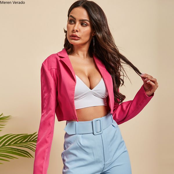 

meren verado solid color v-neck slim exposed umbilical shirt small suit cardigan short coat female 2019 autumn new, Black;brown