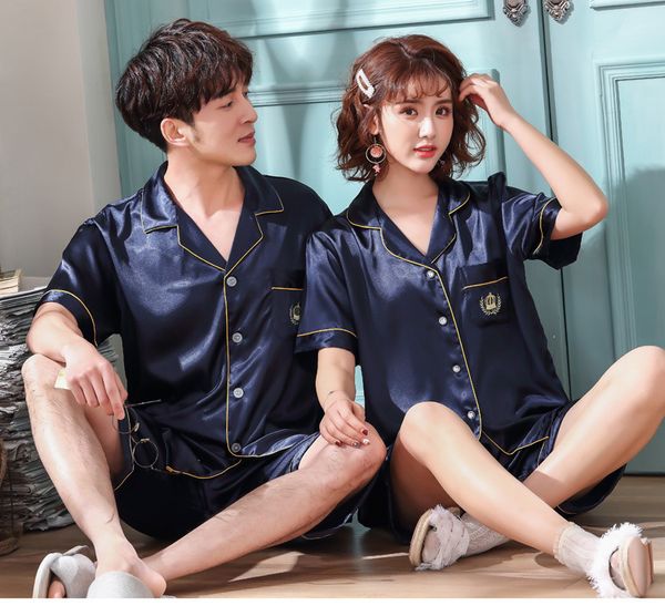 

men's sleepwear silk couple dress embroidered lace satin spring and summer home shorts suit ladies service pajamas, Black;brown