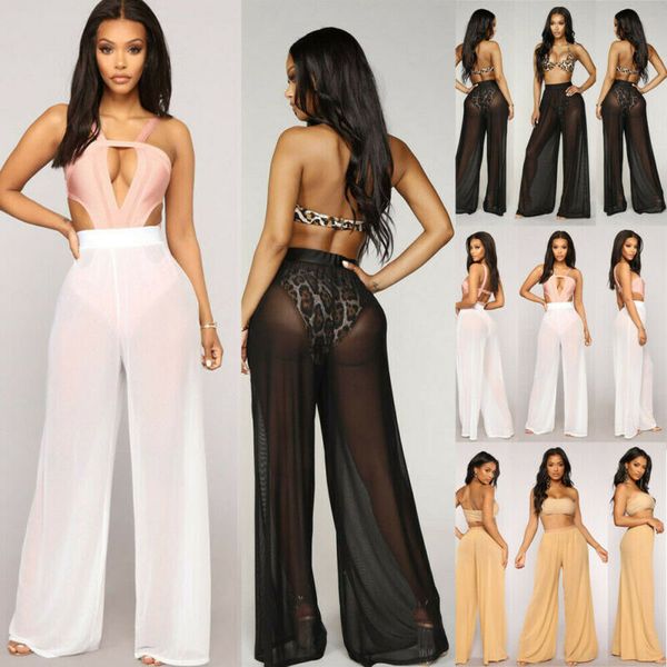 

women's pants & capris women wide leg mesh sheer bikini cover up loose beach swimming summer casual elastic waist long trousers, Black;white