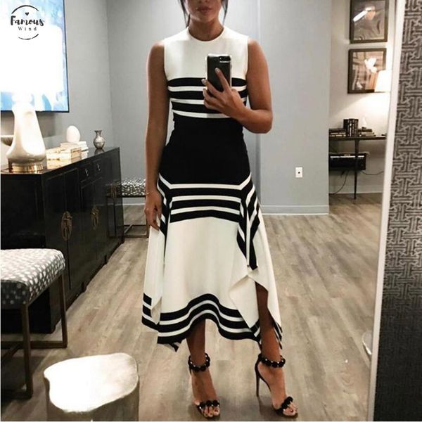 

new summer black white stripe sleeveless casual dress women round neck vestido midi elegant patchwork party kint dresses, Black;gray