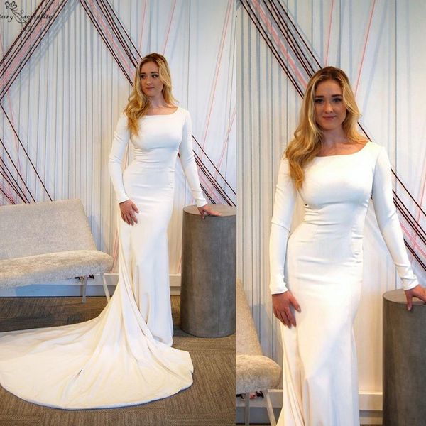 

элегантные длинные рукава свадебные платья 2019 русалка scoop button back sweep поезд простые свадебные платья vestido de noiva, White