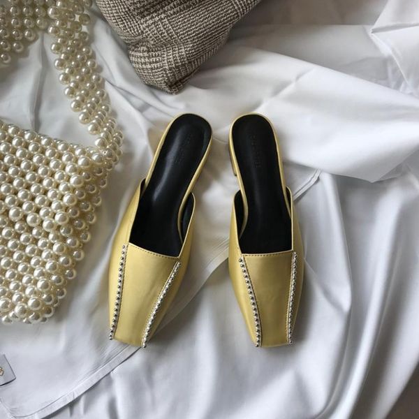 

shoes ladies flip flops square toe flat slippers luxury slides low string bead mules women hawaiian cover designer 2019 rubber, Black