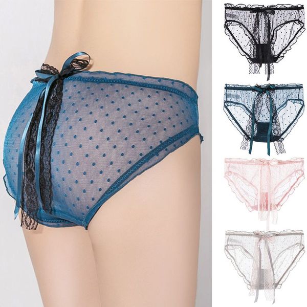 

japanese women hollow mesh panties cute polka dot transparent briefs underwear lace ribbon big bow ruffles lingerie, Black;pink