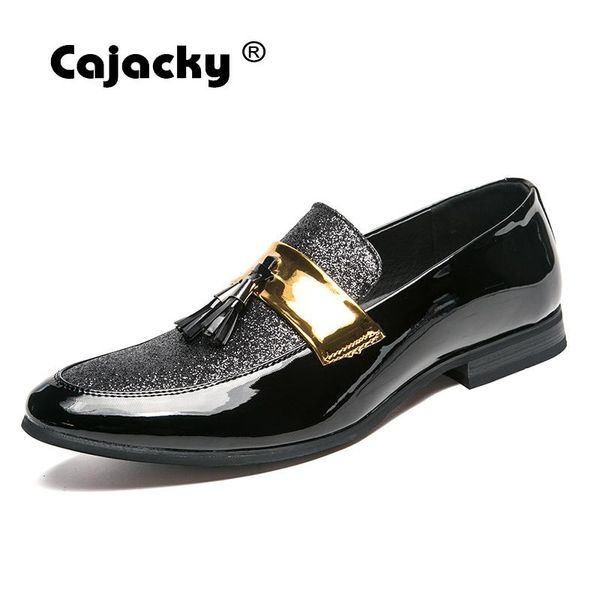 

cajacky men tassel loafers big size silver smoking shoes breathable slip on driving loafers pointed toe dress shoes male, Black