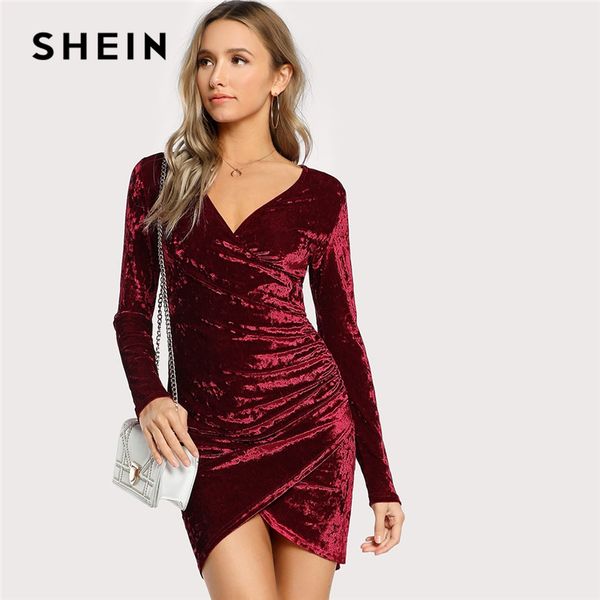 

shein burgundy party solid ruched overlap surplice crushed velvet long sleeve pencil dress autumn club women dresses, Black;pink