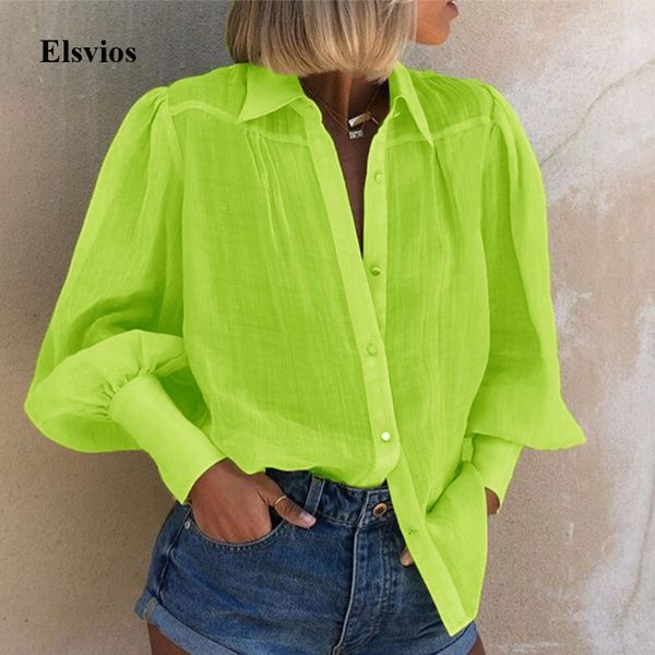 

elegant spring neon green shirt blouses autumn women puff long sleeve loose blouse solid office lady notched buttons blusa, White