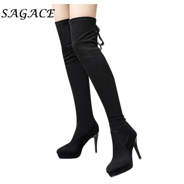 

sagace shoes ladies over knee boots plus size high heels flock shoes ladies thigh high boots lacing women platform, Black