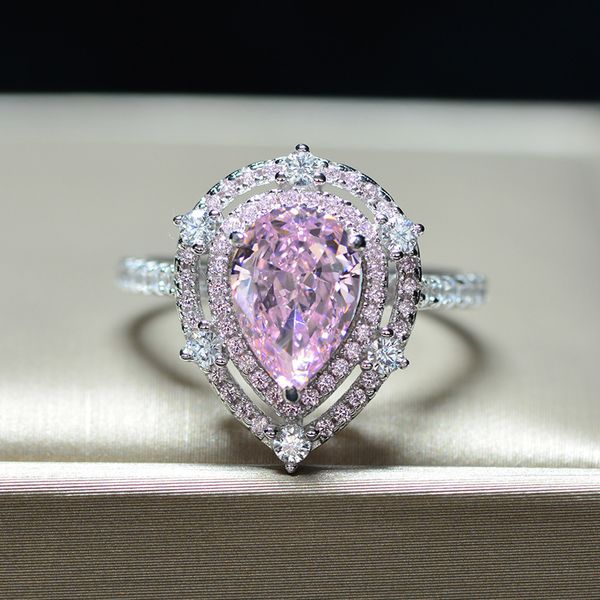 

luxury pink water drop full cz wedding ring for women 925 sterling silver sparkling 5a+ zircon party jewelry gift, Slivery;golden