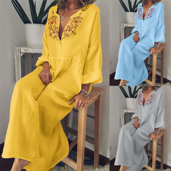 

женская досуг большой размер цветочные печати свободные талии девятый рукав v-образным вырезом платье, Black;gray