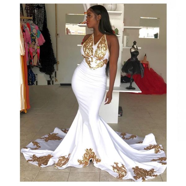

white prom dresses gold appliques satin halter backless mermaid evening gowns back black girls cocktail party dress cheap