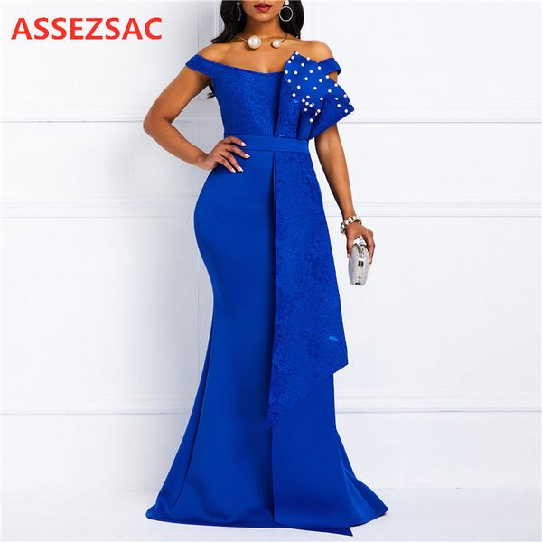

assezsac women off shoulder long dress party mermaid bead blue robe red fashion patchwork lace elegant evening maxi dresses, Black;pink