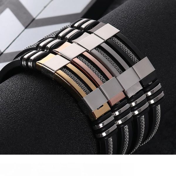 

мужская нержавеющая сталь силиконовый черный браслет простой резиновый новый дизайн панк шарм браслет браслет для мужчин мода ювелирные изде, Golden;silver