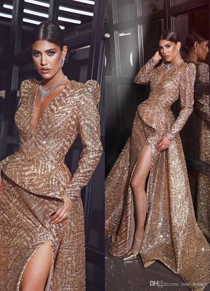 

champagne deep v neck prom evening dresses mermiad sequins long formal party dress high slit pageant gown plus size, Black