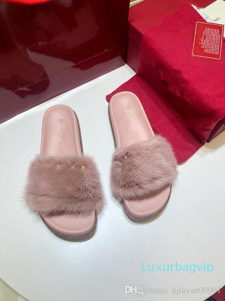 

with the box women's high-quality artificial fur slippers brand sandals flat shoes designer shoes slide basketball shoes casual wl19052, Black