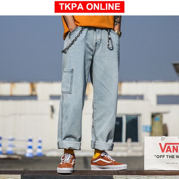 

men streetwear blue jeans harem pants 2020 hip hop vintage straight harajuku pants pocket designer denim trousers 2xl