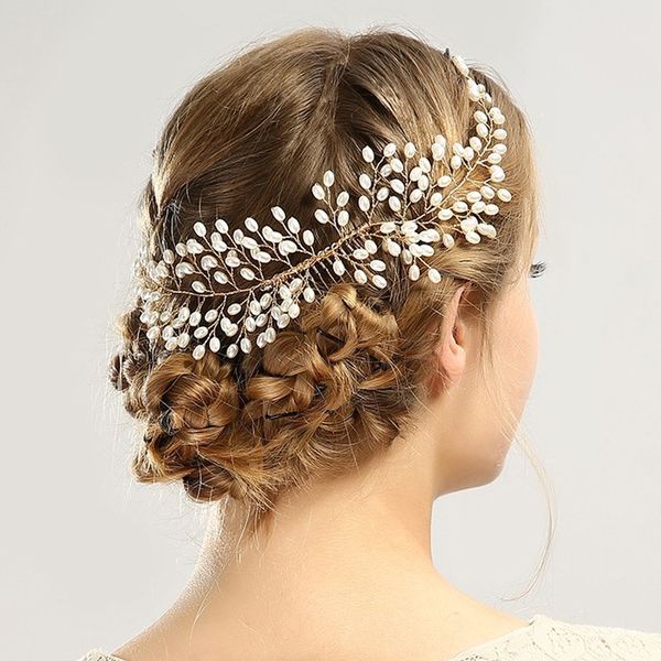 

gold handmade women hair jewelry romantic wedding hair comb prom bridal head pieces pearls headdress for brides bridesmaid, Golden;white