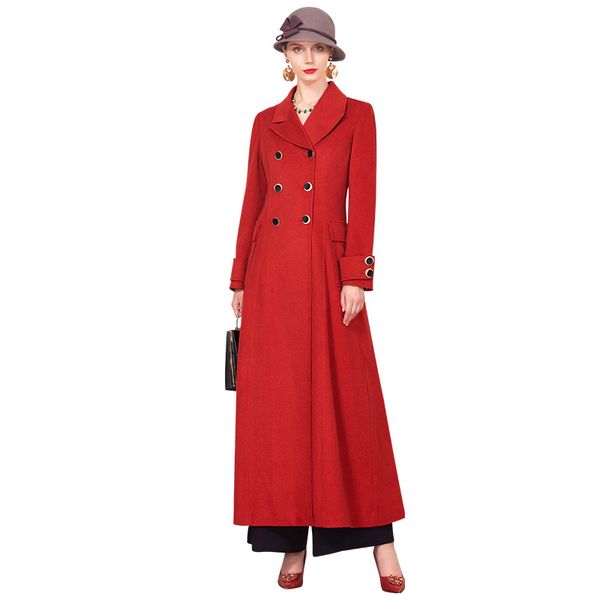 

women winter wool red long coat for office lady cashmere coat button luxury turn-down collar outwear dz1132, Black
