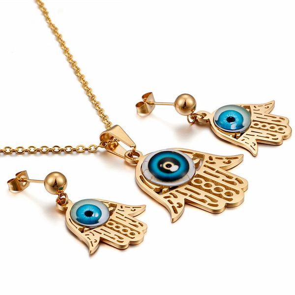 

women lady unique hamsa hand of fatima & evil eye pendant charm chain & earrings fashion stainless steel gold jewelry 2020, Silver