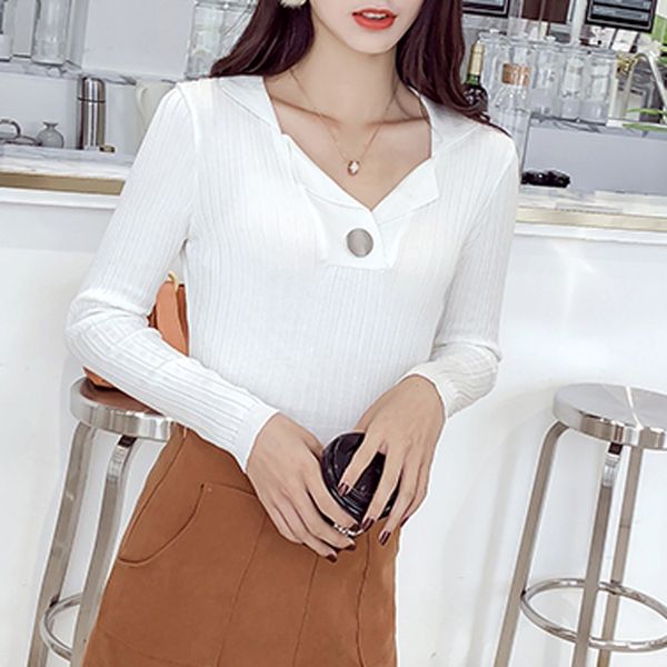 

женские свитера пуловер свитер осень 2019 свитер женщин с длинным рукавом мода отворот элегантный вязаный джемпер женский, White;black