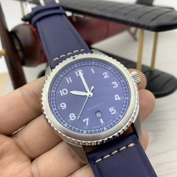 

rotating bezel clear arabic number markers mens watches automatic luminous blue dial 46mm case calendar watch leather band wristwatches, Slivery;brown