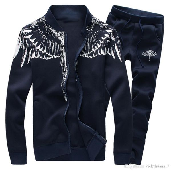 

мода 2 шт. / компл. мужчины крыло печати с длинным рукавом толстовка кардиган куртка брюки спортивный костюм, Gray
