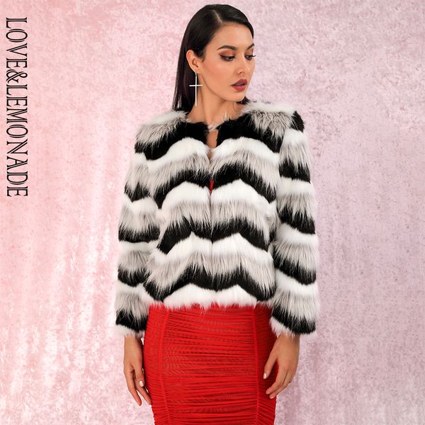 

love&lemonade faux fur gray and black stripe round neck short coat lm90123