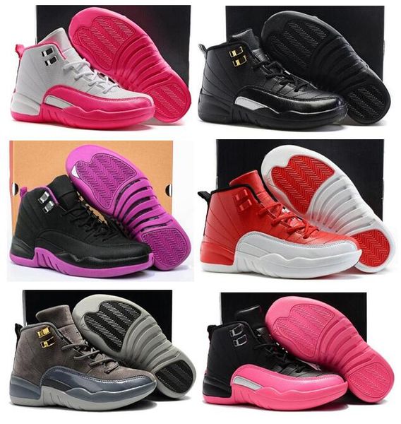 

boys girls 12 12s gym red hyper violet purple kids basketball shoes childrens pink retros white dark grey toddlers birthday gift sneakers, Black