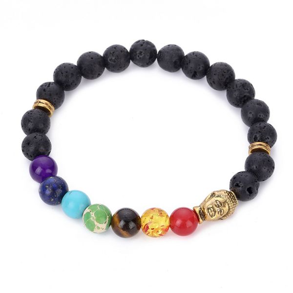 

seven colors bead buddha bracelets for men woman black lava stone elastic charm hand jewelry gift dropshipping, Golden;silver