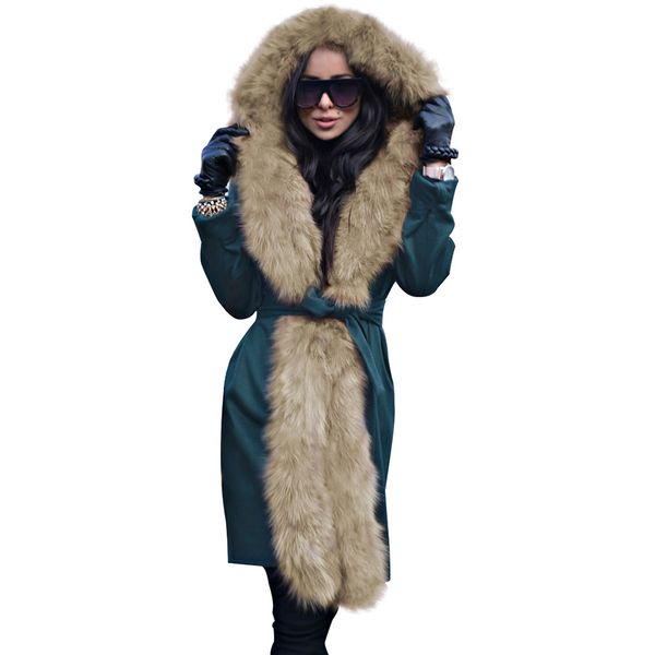 

women winter designer long coats down jackets fur collar sashes warm thick coats parkas femmes vestidoes, Black