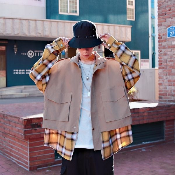 

autumn new tooling jacket men fashion plaid stitching casual jacket man streetwear wild hip hop loose bomber male clothes, Black;brown