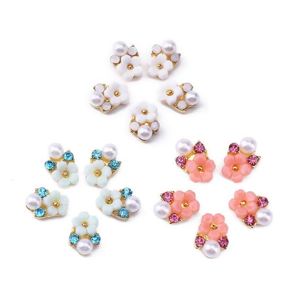 

5pcs pearl rhinestones flower nail art charms diy manicure 3d floral rivets, Silver;gold