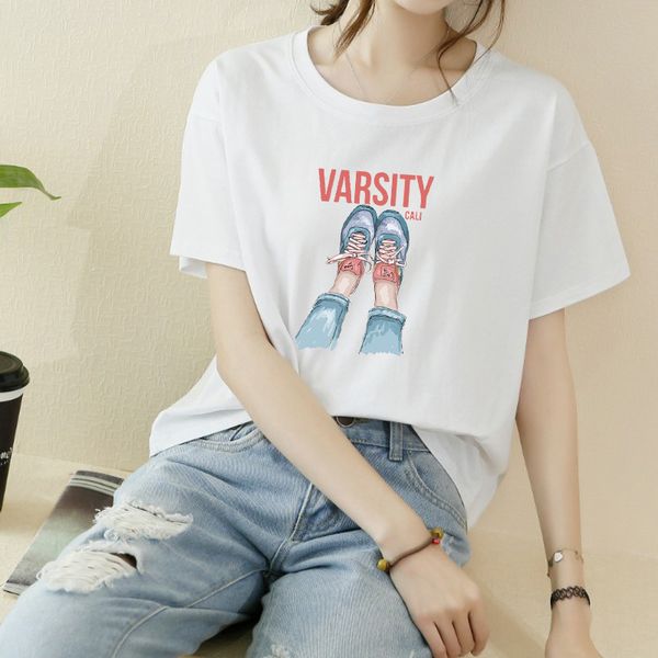 

summer new loose cotton round neck short sleeve t-shirt women's korean large half sleeve student women's fashion, White