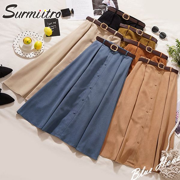 

surmiitro autumn winter velvet skirts womens 2019 fashion midi long korean elegant button high waist skirt female with sashes, Black