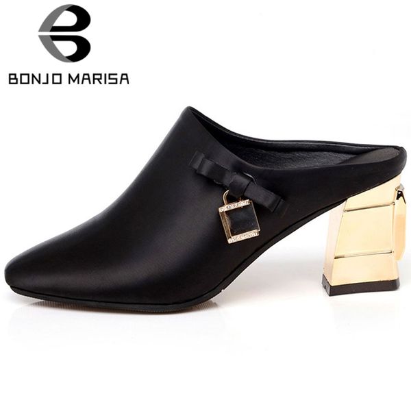 

bonjomarisa new brand female high heel pumps slip on crystal office casual mules women solid butterfly knot elegant shoes woman, Black