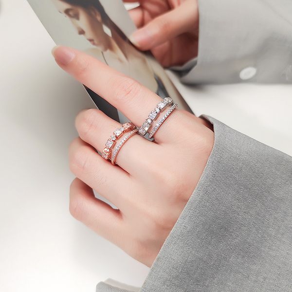 

cluster rings 925 sterling silver geometric double row cubic zirconia inlay ring adjustable for women lady daughter elegant jewelry gift, Golden;silver