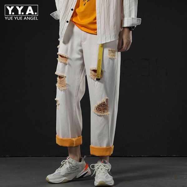 

new fashion mens straight wide leg pants hole ripped white jeans man bf casual hip hop loose fit denim ankle length harem pants, Blue
