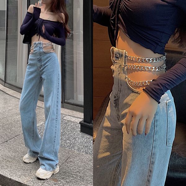 I jeans denim patchwork con catene a vita alta sexy da donna di nuova moda scavano pantaloni lunghi larghi con gamba larga S M L