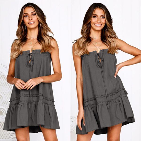 

женская summer sexy с плеча бандаж бретелек плиссированная сборками повседневный качели сыпучие beach holiday короткое мини платье, Black;gray
