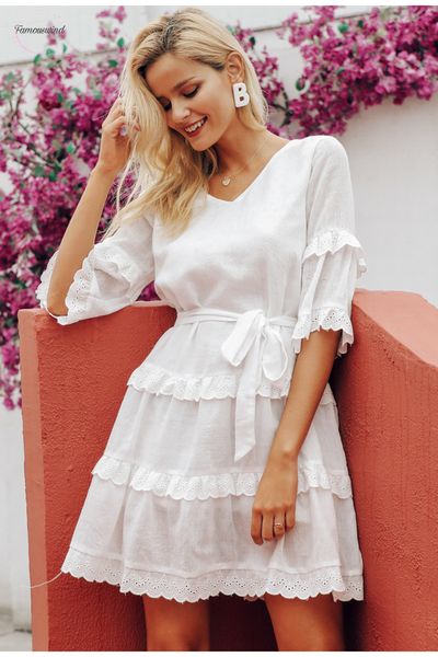 

female embroidery white women dress flare sleeve ruffle sashes summer dresses casual v neck v neck dress elegant vestidos, Black;gray