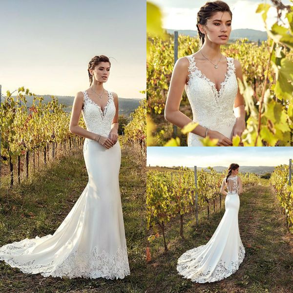 K Sirena Eddy Abiti da sposa in raso Stile Country Giardino Scollo a V Abiti da sposa in pizzo Abito da sposa taglie forti Robe De Mariee