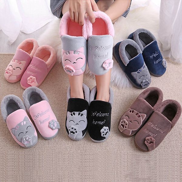 

cartoon cat animal women winter warm home slipper girl shoes female plush slip on soft indoor flats comfort ladies plus sizef117, Black