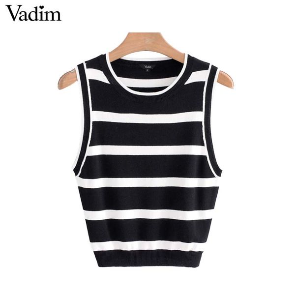

vadim women knitted striped stretchy tank o neck sleeveless stylish female chic casual blouse blusas wa345, White