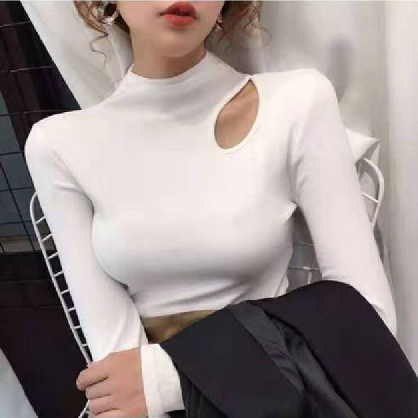 

women's t-shirt wild womens olive green long sleeve retro ocean half high collar lodging clavicle bottoming shirt, White